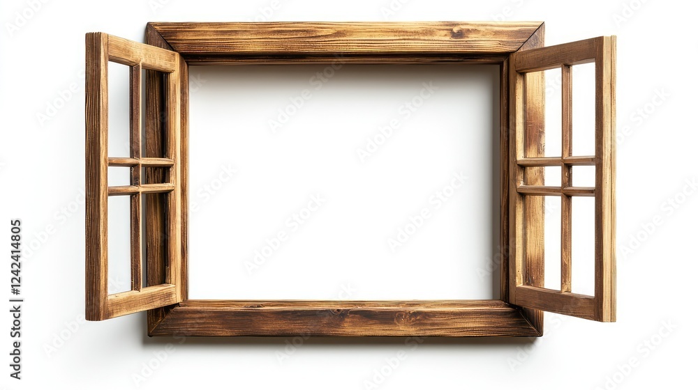 Poster rustic wooden window frame with opened panes showcasing empty space, ideal for displaying art or pho