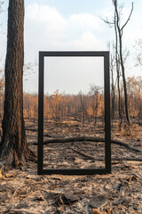 large black rectangular frame stands in burned forest, surrounded by charred trees and ash, evoking sense of loss and reflection