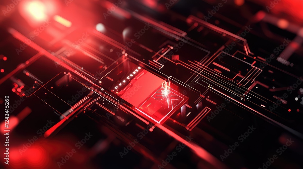 Poster futuristic circuit board design in red glow, abstract technology background with lines and shapes, d