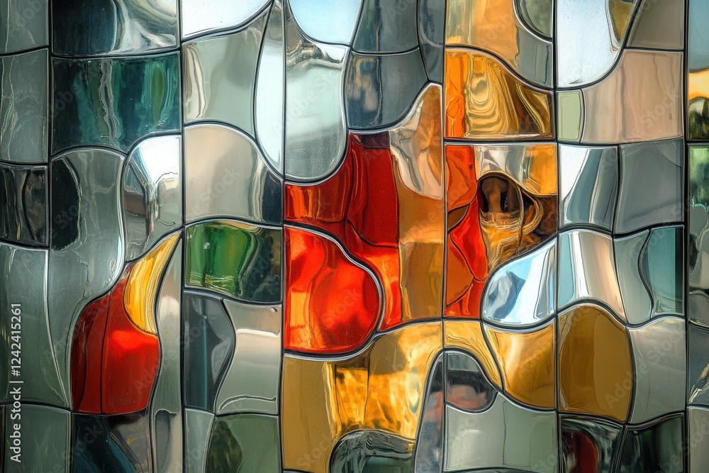 Poster colorful abstract reflection on modern glass panel with curved shapes and patterns