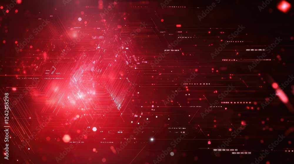 Poster abstract red digital background with glowing particles and line patterns representing technology, da