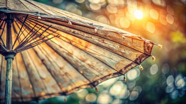 A weathered parasol, bathed in golden sunlight, evokes a sense of tranquility and age