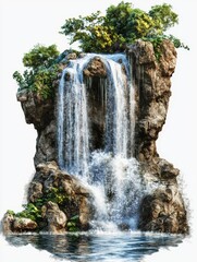Majestic Waterfall Cascading Down Rocky Cliff Surrounded by Lush Greenery and Vibrant Foliage in a Serene Natural Landscape