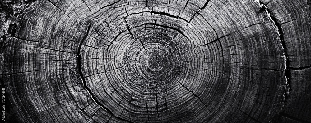 Poster monochrome image revealing intricate growth rings in a tree trunk cross-section