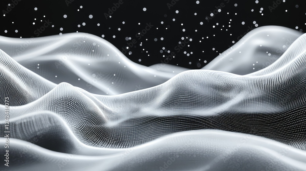 Poster semi-transparent flowing waves with particles in a dark space, creating a dreamlike and ethereal env