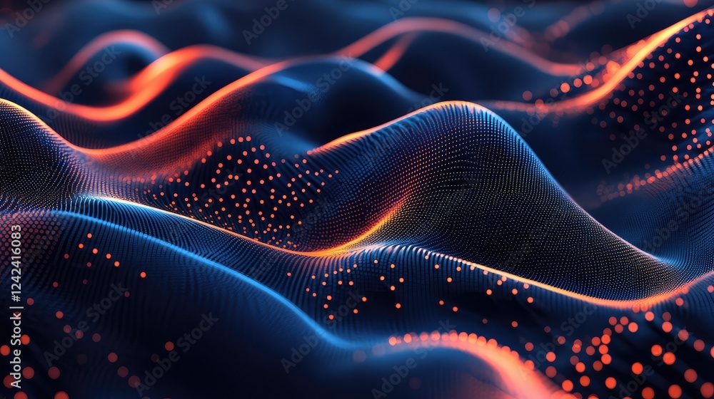 Poster abstract digital landscape with flowing waves of light and colorful particles on a dark background f