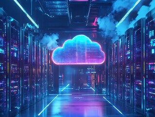 Futuristic Cloud Computing Concept with Neon-Glowing Server Racks, Data Streams, and Digital Connections Representing Modern Cloud Storage and Networking