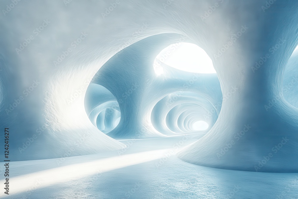 Poster ethereal abstract architecture with soft curves and illuminated pathways in a light space