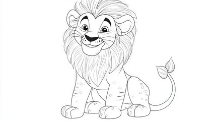 94.A cute cartoon lion sitting upright with a friendly smile, its tail curled to the side, designed as a trace-and-color activity with bold outlines and dotted guidelines for young learners.