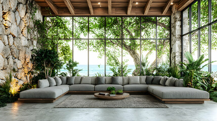 Obraz premium Tropical beach house living room, ocean view