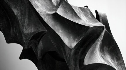 A side perspective of a black-and-white sculpture, its intense and aggressive design enhanced by the sharpness of a 55mm lens.