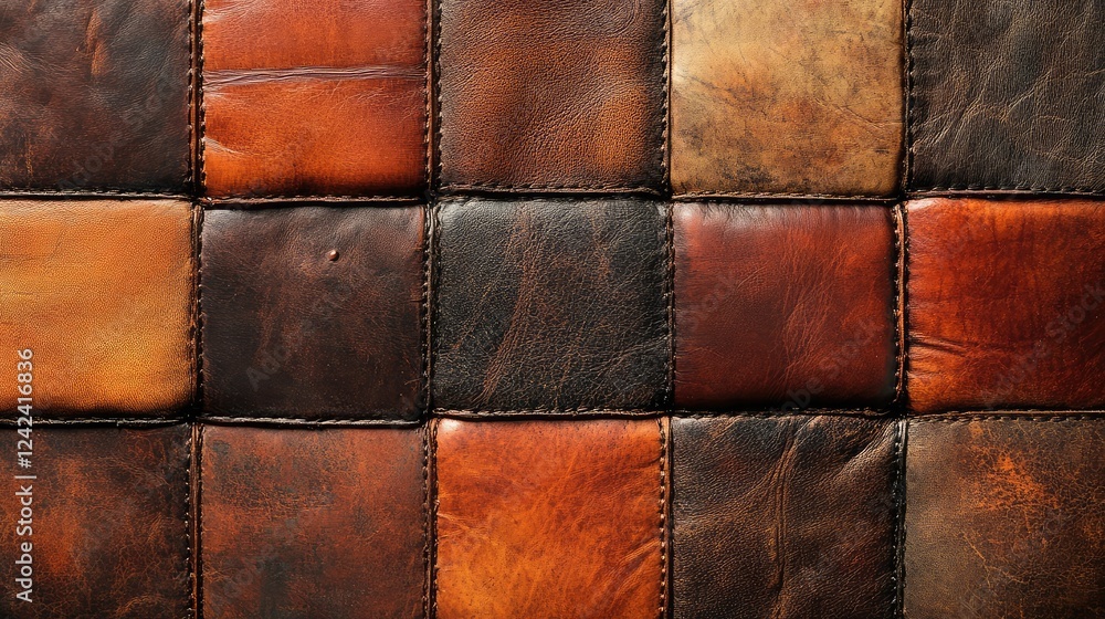 Poster close-up view of textured leather squares in various shades of brown, showcasing craftsmanship and u