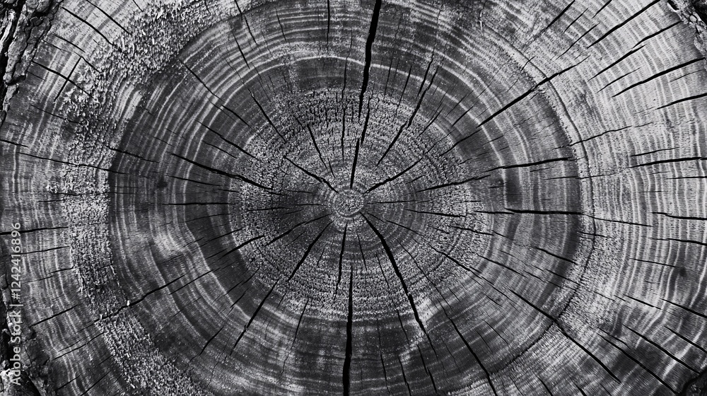 Poster Monochrome photo displaying the detailed patterns and annual rings of a sliced tree trunk