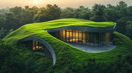 Naklejka premium Green roof house in forest at sunrise