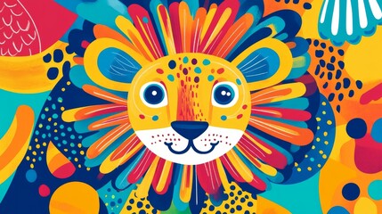 Fototapeta premium 96.A fun educational flashcard depicting a lion with exaggerated features like a large circular mane and round eyes, surrounded by simple shapes and patterns for kids to trace and fill with bright