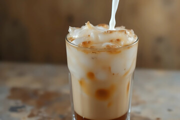 Ice coffee or latte with cream being poured into it a glass.