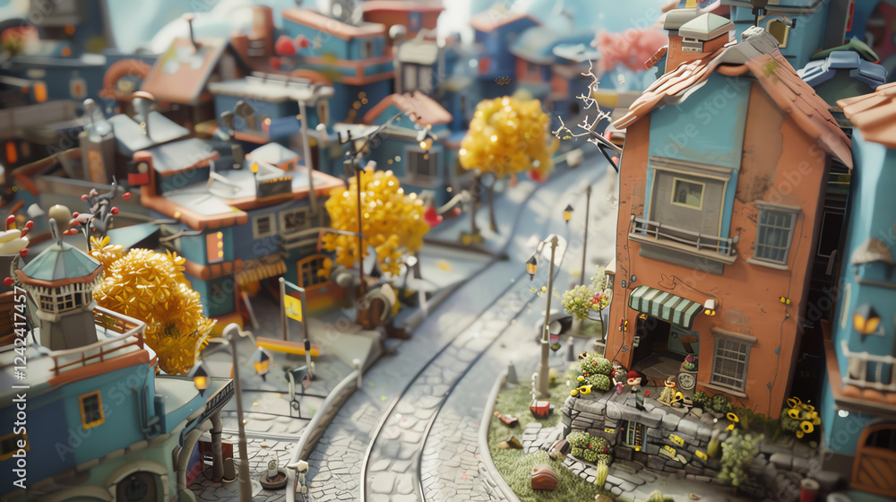 Aufkleber embark on a whimsical journey through a clay sculpted metropolis, seen from a birds-eye view utilize