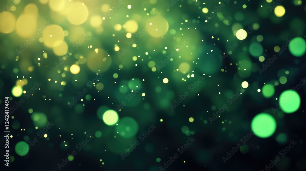Poster abstract background featuring beautiful glowing bokeh lights in shades of green and yellow, creating