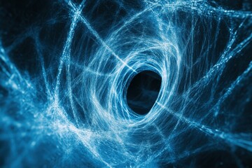 Abstract blue energy vortex swirling into a dark center. Ideal for technology, science, or fantasy designs conveying power and mystery.