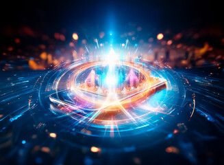 A futuristic cityscape miniature sits atop a sleek smartphone, illuminated with vibrant blue light.  The scene evokes a sense of technological advancement and urban connectivity.