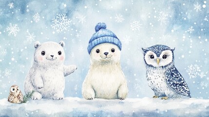 Fototapeta premium 11.A group of watercolor animals, including a cheerful seal, a polar bear donning a bright blue hat, and a small owl, set against a light blue winter background with faint stars and snowflakes.
