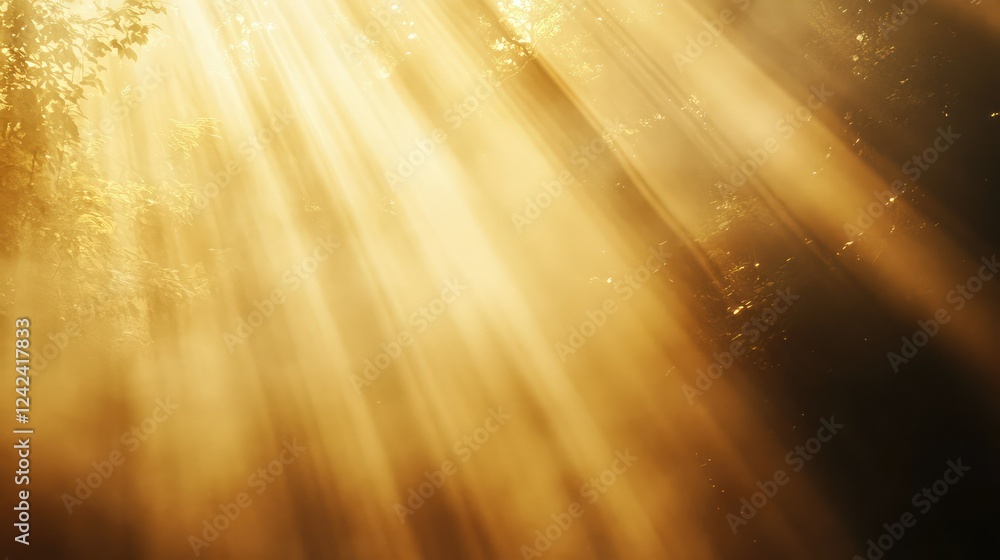 Aufkleber golden rays of sunlight filtering through forest trees creating a serene atmosphere with soft light 