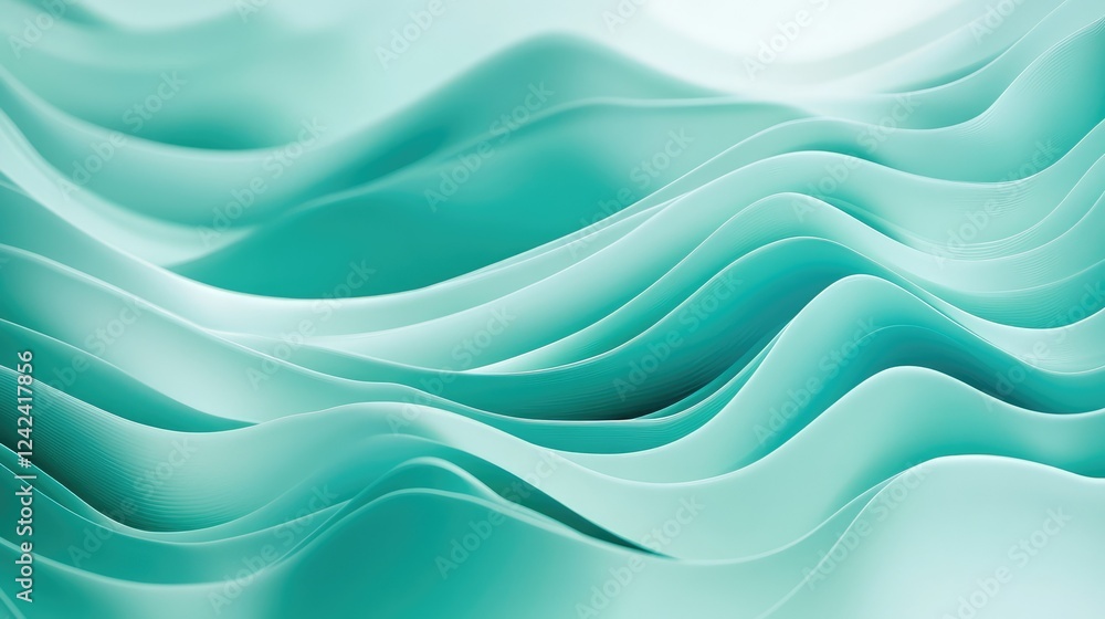 Poster serene flowing waves in soft teal tones, capturing the beauty of fluid motion and abstract patterns 