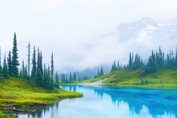 Tranquil Lake Surrounded by Lush Pine Forest in Serene Oil Painting Style