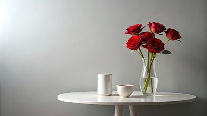 Romantic red roses in a glass vase on a white table with simple modern decor