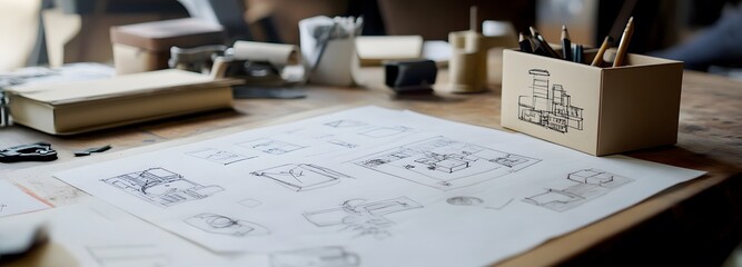 A creative team designing packaging for a new product, with sketches and designs on a table