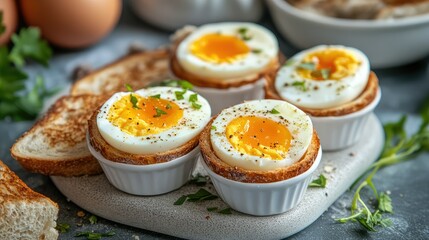 Deliciously Baked Eggs with Golden Yolks Served in Ramekins Alongside Crispy Toast and Fresh Herbs on a Dine-Ready Table Setting