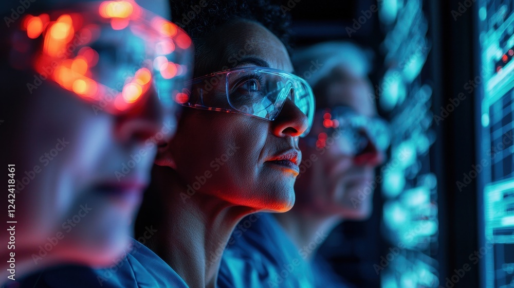 Poster diverse team of scientists analyzing data on digital screens