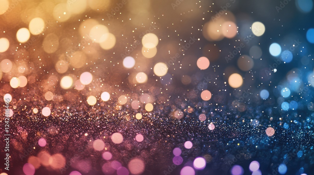 Poster colorful bokeh lights with sparkling dust particles creating a dreamy background for celebrations an