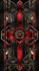 A sophisticated Art Deco vertical composition with ruby red and black motifs, metallic dice, and luxurious geometric designs.