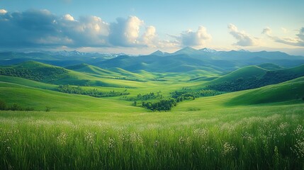 Fototapeta premium Green valley, mountain range sunset, idyllic landscape background, travel promotion