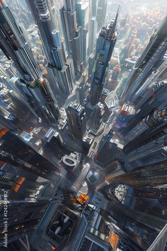 Poster explore a futuristic cityscape at a tilted angle view, showcasing towering skyscrapers with intricat