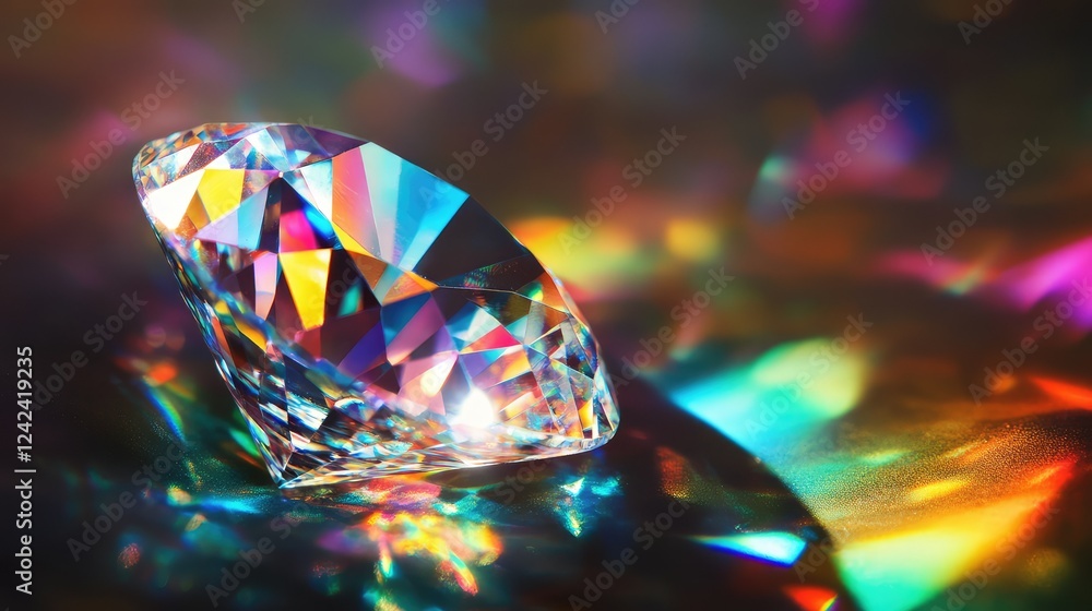 Poster stunning close-up of a faceted diamond casting colorful reflections and sparkles on a dark surface, 