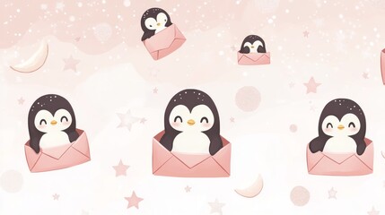 Obraz premium 89.A kawaii-style pattern with penguins peeking from open paper envelopes, complemented by celestial elements like stars and moons, arranged on a soft pink and white gradient background.