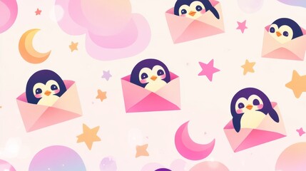 Fototapeta premium 89.A kawaii-style pattern with penguins peeking from open paper envelopes, complemented by celestial elements like stars and moons, arranged on a soft pink and white gradient background.