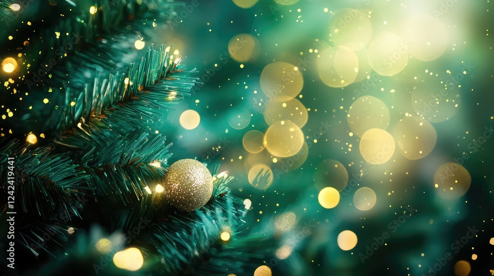 Poster close-up view of a christmas tree with golden ornament and festive bokeh lights creating a magical h