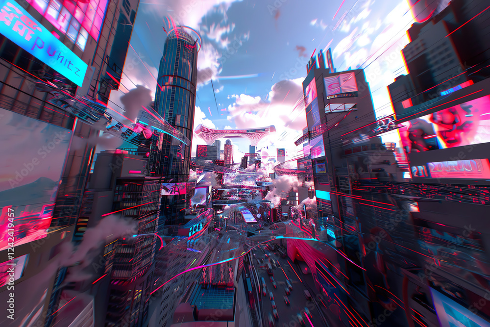 Poster explore a wide-angle view of a futuristic cityscape integrating advanced holographic technology with