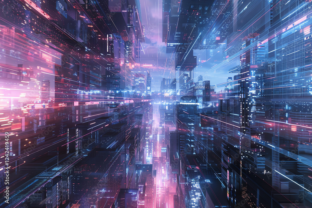 Poster explore a wide-angle view of a futuristic cityscape integrating advanced holographic technology with