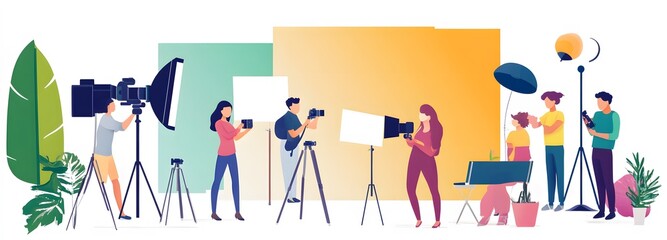 A team of content creators producing a promotional video for a product, with cameras and lighting equipment