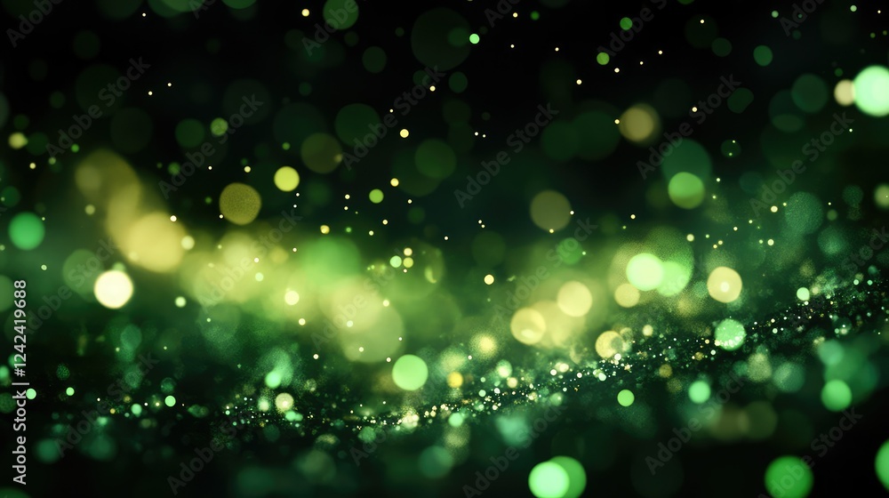 Poster magical green bokeh background with sparkling lights and soft glows, perfect for festive and creativ