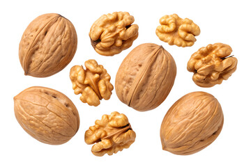 Whole walnut shells and walnut kernels, showcasing natural texture, healthy food