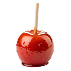 A shiny red candy-coated apple with a wooden stick, isolated. sweet treats and desserts