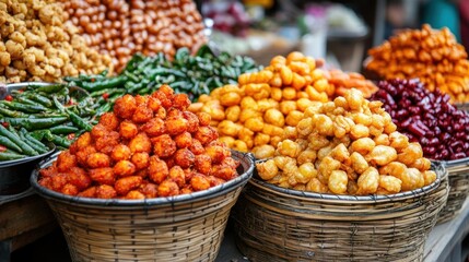 Colorful pickled vegetables and snacks in wicker baskets at an Asian market.