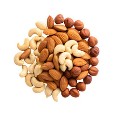 A mix of almonds, cashews, and hazelnuts arranged in a circular pattern. healthy snacks and...