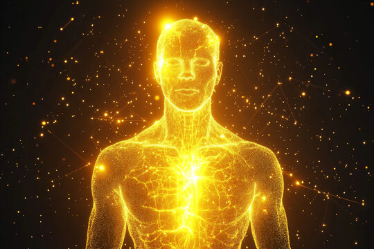 Glowing yellow digital human body model isolated on a black background