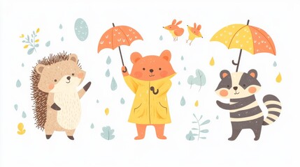 68.A set of colorful flat illustrations showing a hedgehog holding a tiny umbrella, a fox in a yellow raincoat splashing in a puddle, a bear with a red umbrella, a raccoon with a striped raincoat,